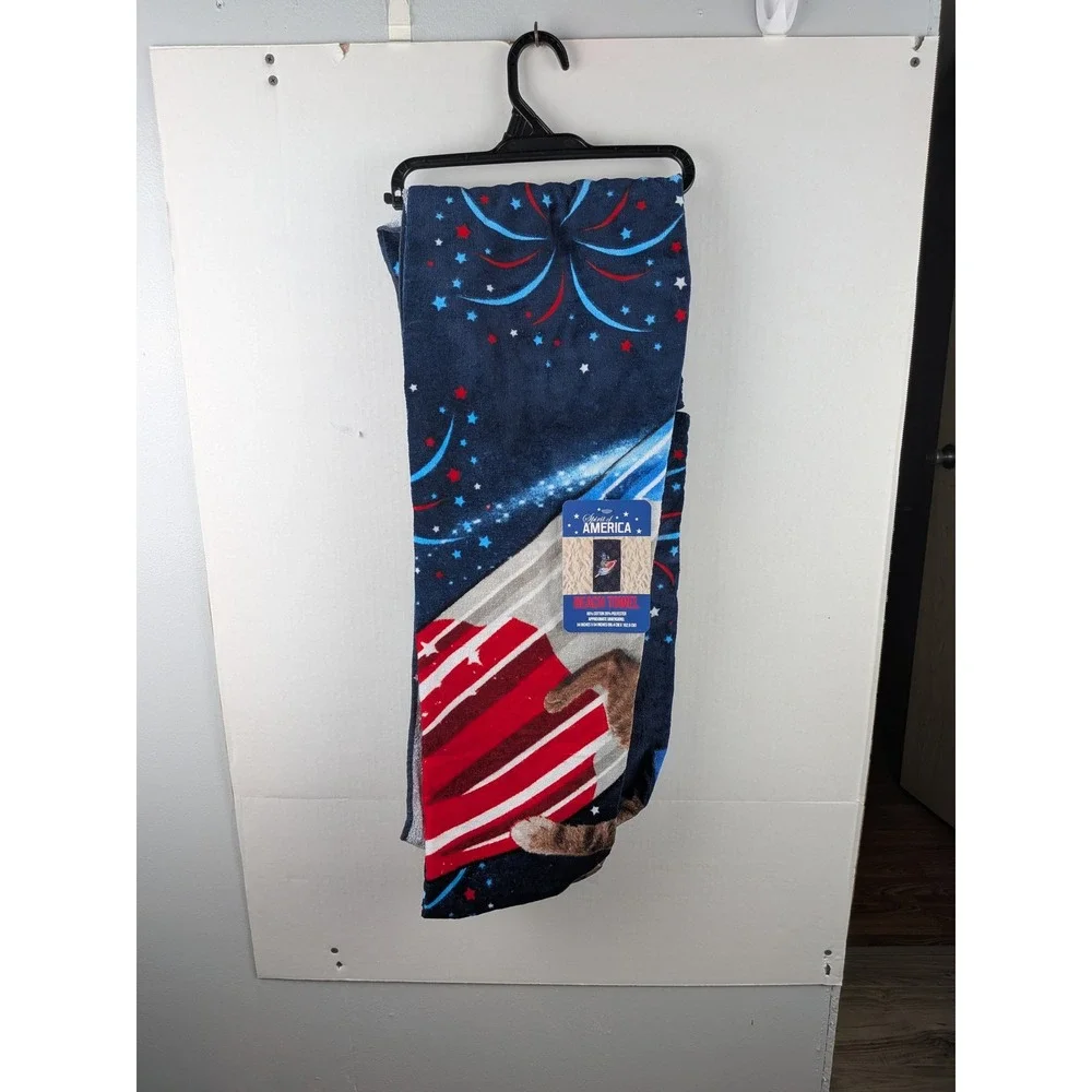 Spirit of America Patriotic Cat Rocket Beach Towel Navy Blue 34x64 New